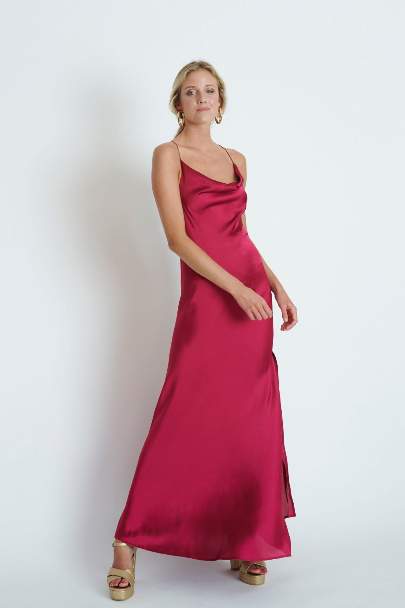 Vestido Helena Magenta fucsia de seda Drapeado para fiestas elegante formal para matrimonios